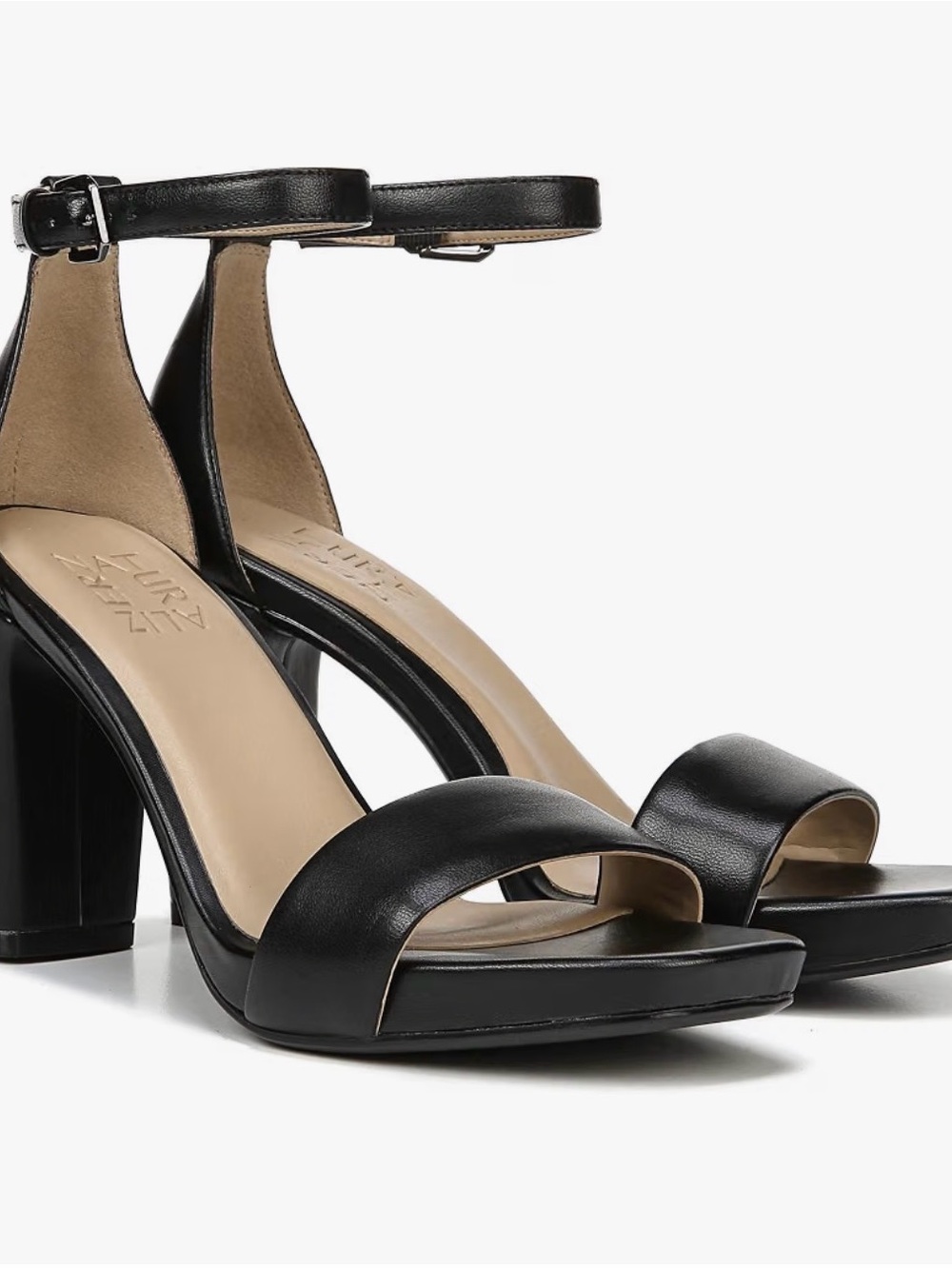 Naturalizer Joy 7.5 Black Leather Ankle-Strap Block Heel Sandals